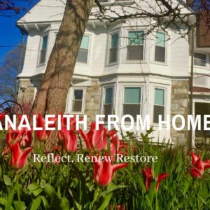 A house with flowers in front of it and the words " analeith from home reflect, renew, restore ".