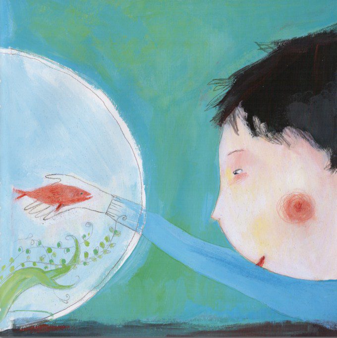 A painting of a boy looking at a fish in an aquarium