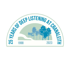 A green patch with trees and the words " 2 5 years of deep listening at cramaleth 1 9 9 8-2 0 2 3
