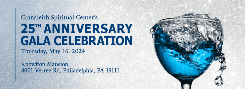 A blue and white banner with the words " center 's anniversary celebration ".