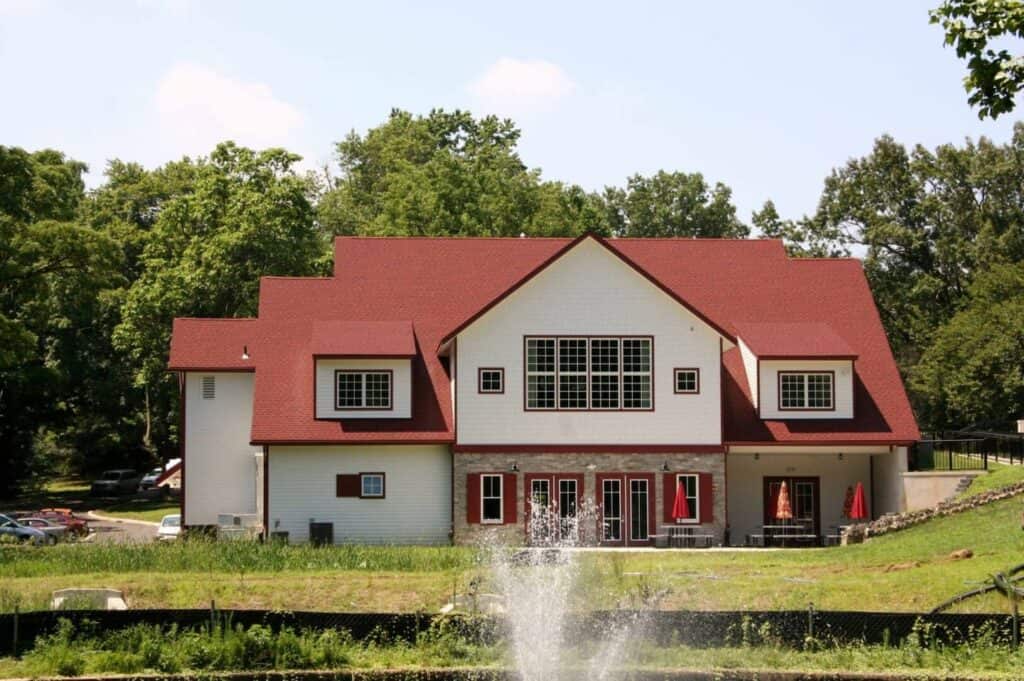 The back of the Conference Center with the fountain on.