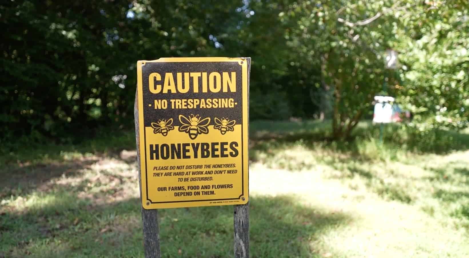 A yellow honeybee sign that says "Caution, no trespassing: honeybees"