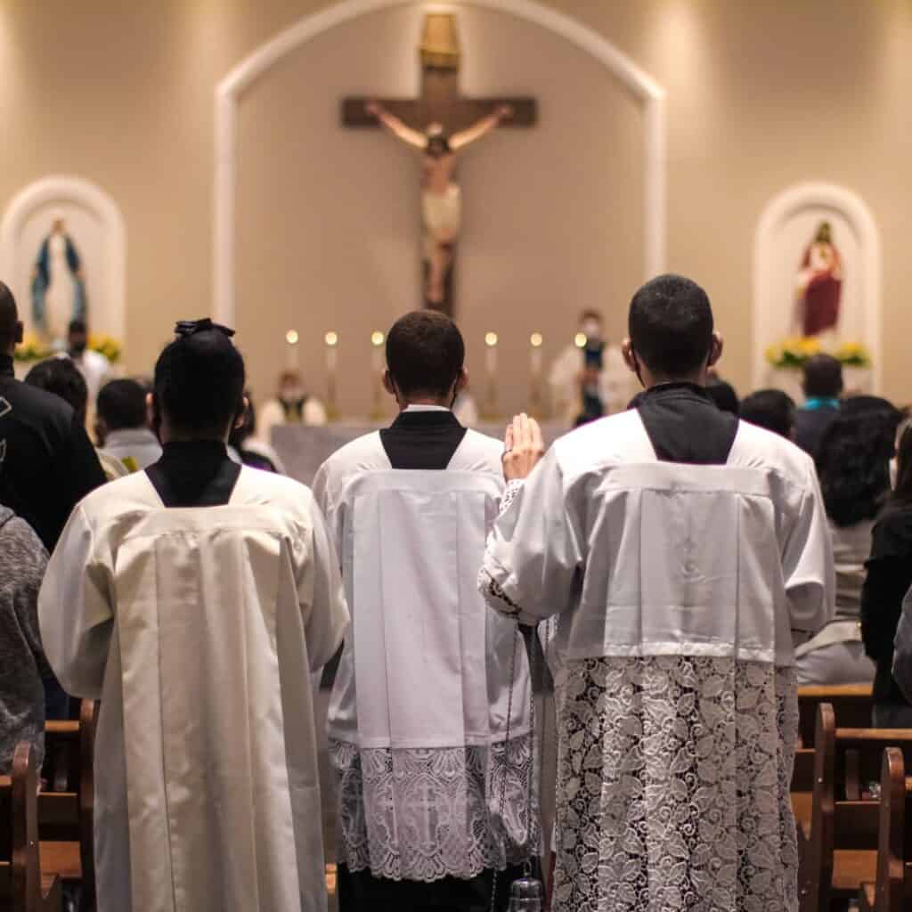 People standing in a church.