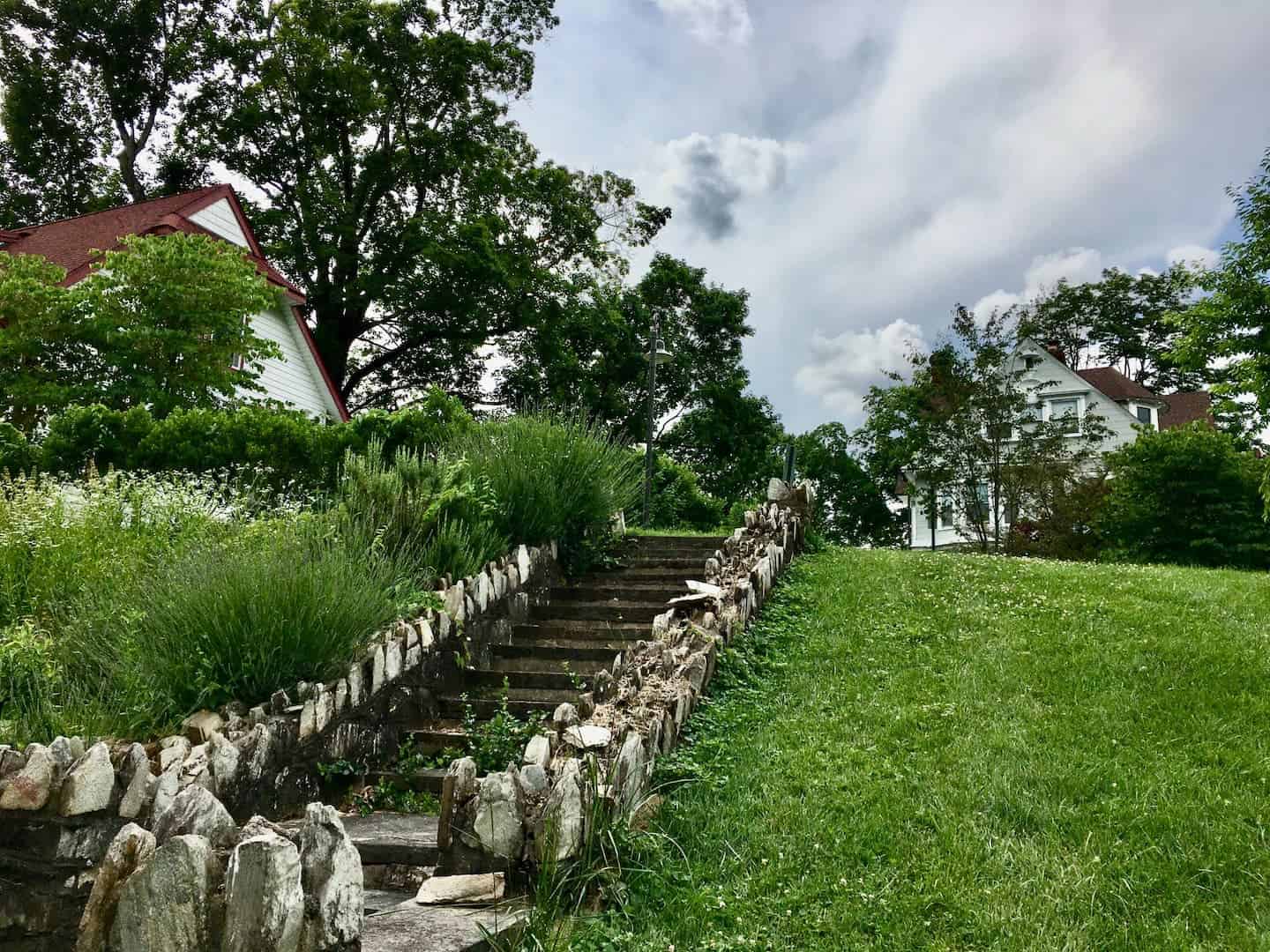 The stone steps to get from the back of the Conference Center to the outside of the Admin building.