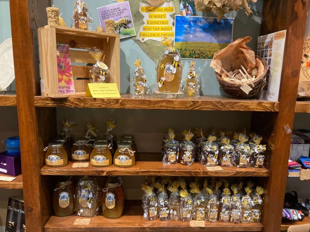 Freshly stocked shelves of our Mercy Honey in the gift shop.