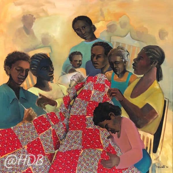 A black family quilting painting from the Black Lives Matter Art Exhibit by Sister Helen David Brancato, IHM.